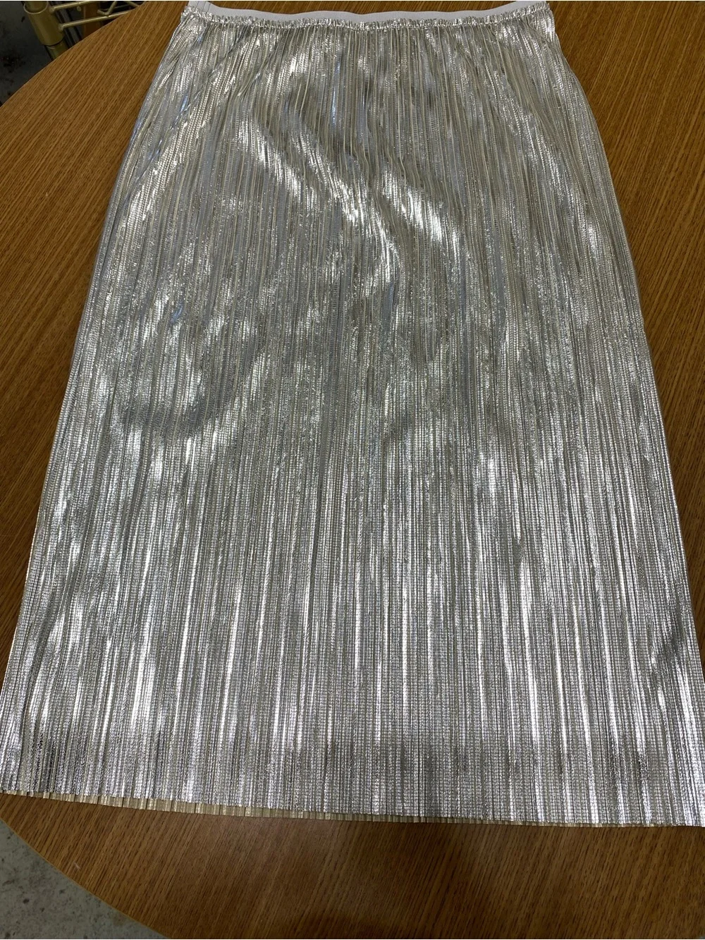 Maeve Metallic Silver Pleated Midi Skirt